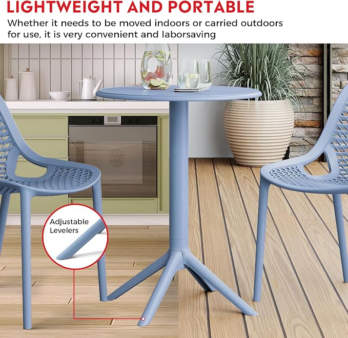 Costaelm Patio Table for 4-Person, Outdoor Patio PP Round Dining Table, All-Weather Bistro Dining Table for Backyard Deck Porch Poolside, French Blue