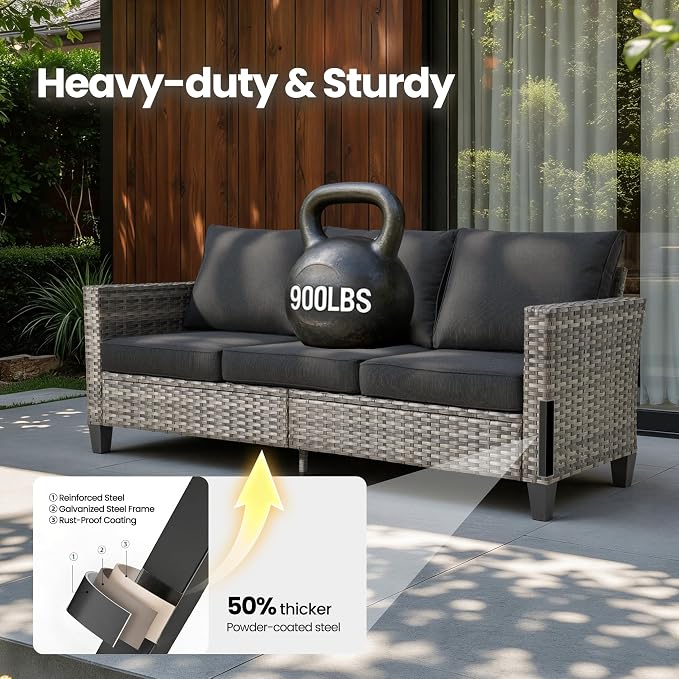 6 Piece Wicker Patio Furniture Set with Solar Table, Black | Outdoor Deep Seating Sofa Chair Ottoman, Solar Lights Table, All Weather Rattan, Modern Conversation Set, Porch Deck Backyard