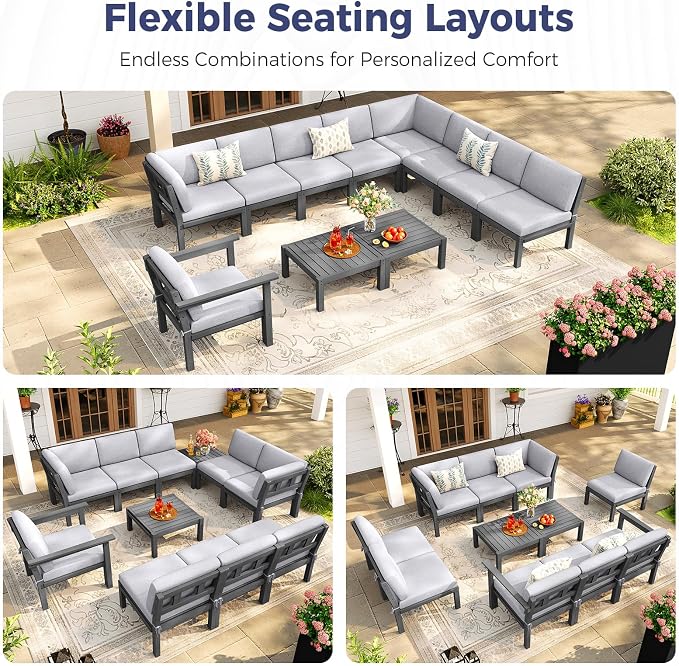 Modular Outdoor Patio Conversation Set, 11-Piece U-Shaped Sectional Sofa Set with Coffee Tables & Thick Cushions, Easy Side Interlock, HIPS All-Weather Patio Furniture Set for Backyard, Deck, Poolside