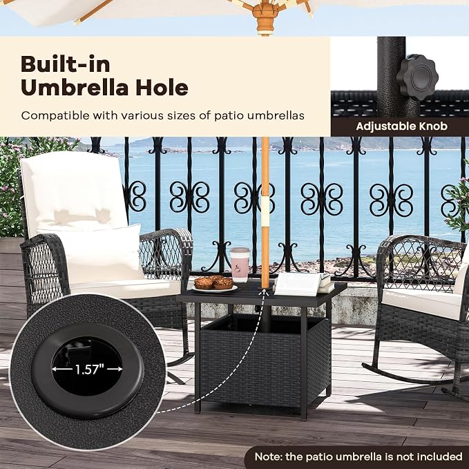HAPPYGRILL Wicker Patio Umbrella Table with 1.57” Umbrella Hole, Outdoor Rattan Side Table with Heavy Duty Metal Frame, 22” Square PE Rattan End Table for Deck Backyard Poolside (Black)