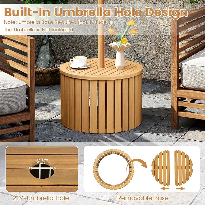 Tangkula 2-in-1 Outdoor Side Table with Storage, Acacia Wood Slatted Coffee Table with Umbrella Hole & Removable Base, Round Slatted End Storage Box for Backyard, Poolside