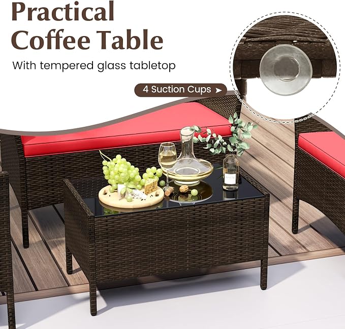 Tangkula 8 Piece Patio Rattan Conversation Set, Outdoor Wicker Furniture Set with Chair, Loveseat & Tempered Glass Table, Cozy Seat Cushions, Outside Sectional Sofa Set for Backyard, Porch (2, Red)