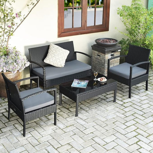 Outdoor Conversation Set 4 Pieces Patio Furniture, Wicker Patio Chair Sofa Set with Water-Resistant Gray Cushion & Tempered Glass Table for Backyard, Balcony, Porch(Black)