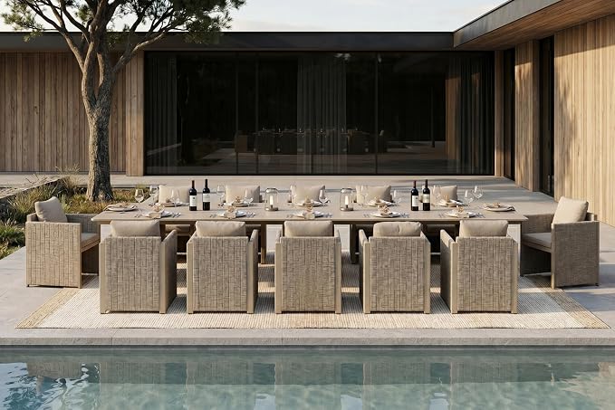 PURPLE LEAF Luxury 12-Person Outdoor Dining Set 157-Inch Aluminum Patio Table with Handwoven Olefin Rope Chairs, Cushioned Seating for Large Gatherings, Estate Patio and Poolside Entertaining Beige