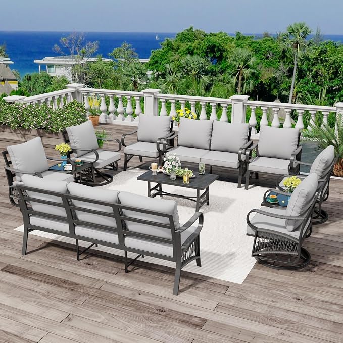 11 Piece Patio Furniture Set, 4 Single Swivel Chairs, Rope Braided Exposed with Thick Cushions, Outdoor All Weather Patio Conversation Sectional Sofa Set for Garden, Porch, Lawn, Grey
