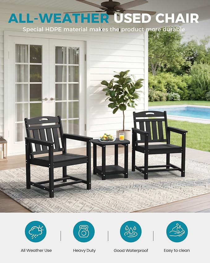Ciokea HDPE Outdoor Patio Dining Chairs Set of 2, All-Weather Porch Chair with Wide Seat, Durable Outdoor Furniture for Backyard, Garden, Lawn & Poolside, Black