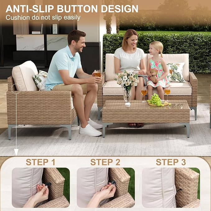 4 Piece Patio Furniture Set, Wicker Modular Outdoor Furniture with Thicker Cushions, Outdoor Couch Sofa for Garden, Poolside, Backyard, Beige