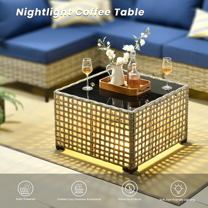 Outdoor Patio Furniture Sets,6 PCS Patio Conversation Set Outside Rattan Sectional Sofa with 42 in Fire Pit Table&Coffee Table Fit Backyard Porch Garden Poolside Balcony