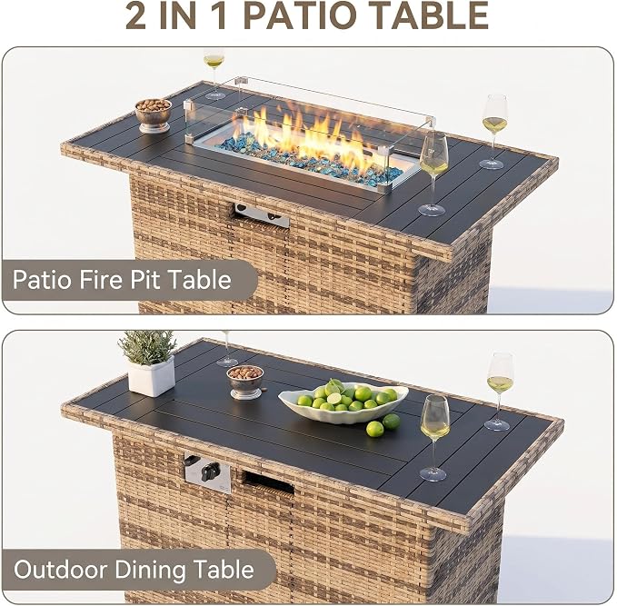 UDPATIO Patio Furniture Set with Fire Pit Table, L-Shaped 8" Armrest Sectional Set, All-Weather PE Rattan Conversation Furniture w ‌Thick Cushions, Coffee Table for Outdoor Backyard Porch Black