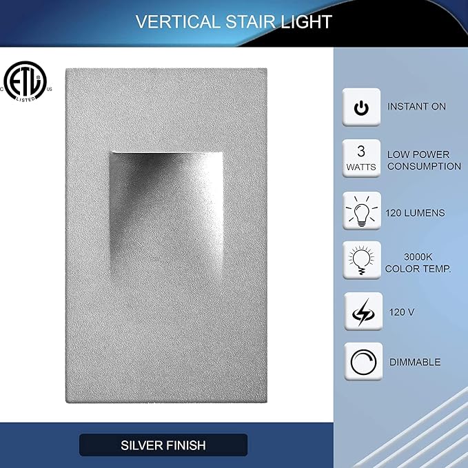 Ciata LED Stair Lights Indoor, Step Lights Outdoor Stair Light 3 Watt, Warm White Stairway Lighting for Outdoor and Indoor Stairs 3000K Concrete, Home Theater Lighting, Silver Finish, Vertical, 3 Pack