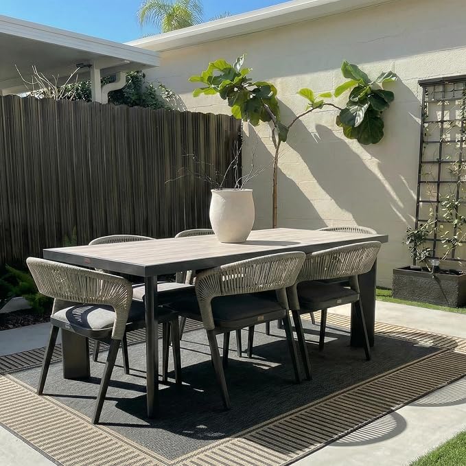 PURPLE LEAF 7 Pieces Outdoor Dining Set Patio Table and Chairs Set Aluminum Wicker Rattan Patio Furniture Set for Lawn Garden Porch Beige Marble Color Outdoor Set