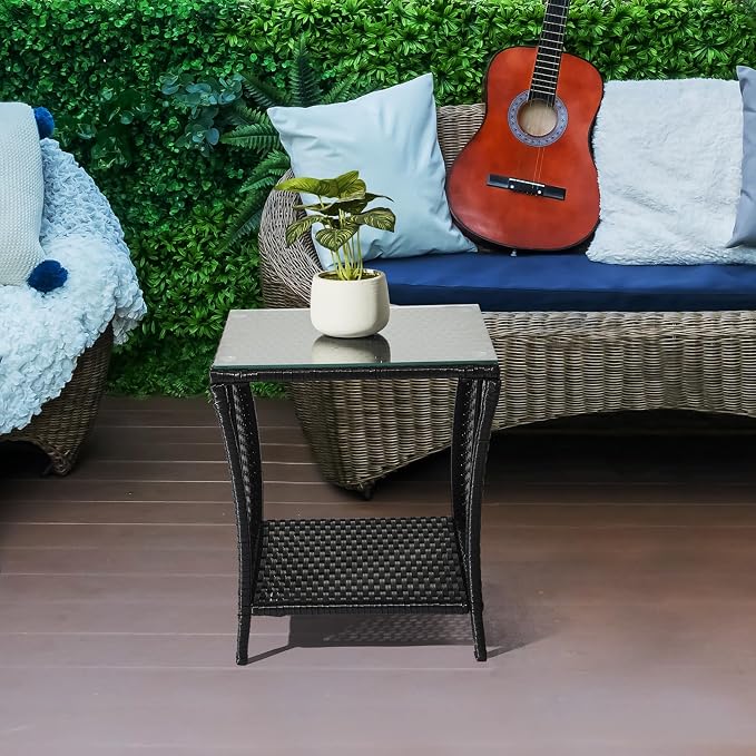 HomVent Patio Wicker Rattan Side Table, Outdoor Square Tempered Glass Top Rattan Coffee Table End Table Furniture with Storage for Patio Courtyard Balcony (Black)