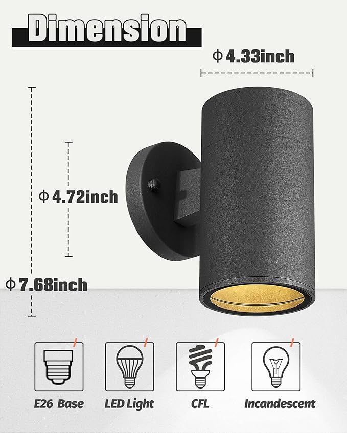 Ken & Ricky Modern Aluminum Outdoor Wall Sconce Lights,Cylinder，Black,4 PK | Downward Outside Wall Light With Glass Cover,No Glare Exterior Lighting Fixtures,For House Front Porch Garage Patio Entryway