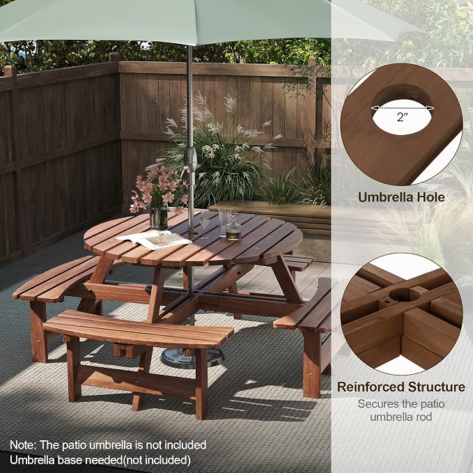 HAPPYGRILL 8-Person Wood Picnic Table Bench Set, Round Camping Table w/Umbrella Hole, Circular Outdoor Table w/4 Built-in Curved Benches, for Patio, Garden, Backyard, Porch (Brown)