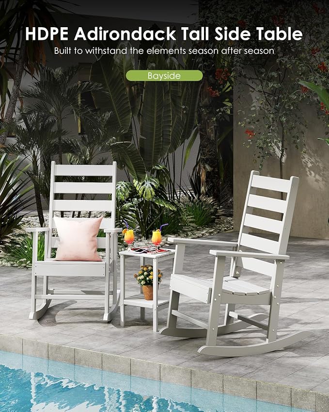 GREENVINES Tall-Outdoor-Side-Table Set of 2 | 23.5" | HDPE Plastic | Patio Adirondack End Tables | All Weather | 2-Tier | White | for Porch Garden Indoor & Rocking Chairs
