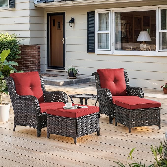 Belord Outdoor Wicker Furniture 5 Pieces Patio Furniture Set Patio Chairs with Ottomans and Side Table Conversation Set for Porch Garden Deck Balcony Poolside