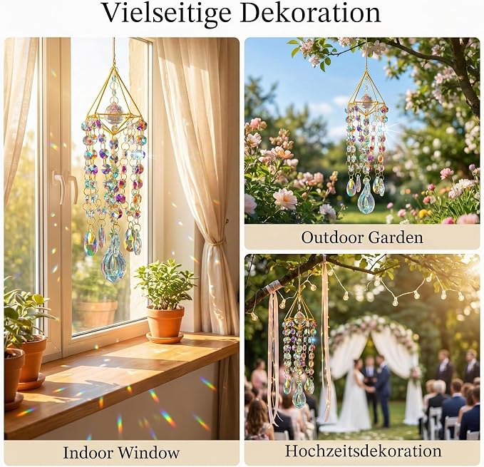 Crystal Suncatchers for Window Hanging Rainbow Maker Sun Catchers Indoor | Glass Wind Chime Garden Sun Catchers with Crystals Prisms,Whimsical Decor For Home,Handmade Gold Plated,With String & Hook