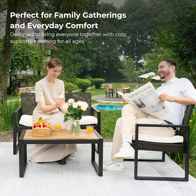 GDFStudio 4-Piece Patio Furniture Set with Acacia Wood Tabletop, PE Rattan Conversation Sofa Set, Steel Frame Outdoor Seating for Balcony Porch Garden Backyard Lawn, Beige Cushions Brown Wicker