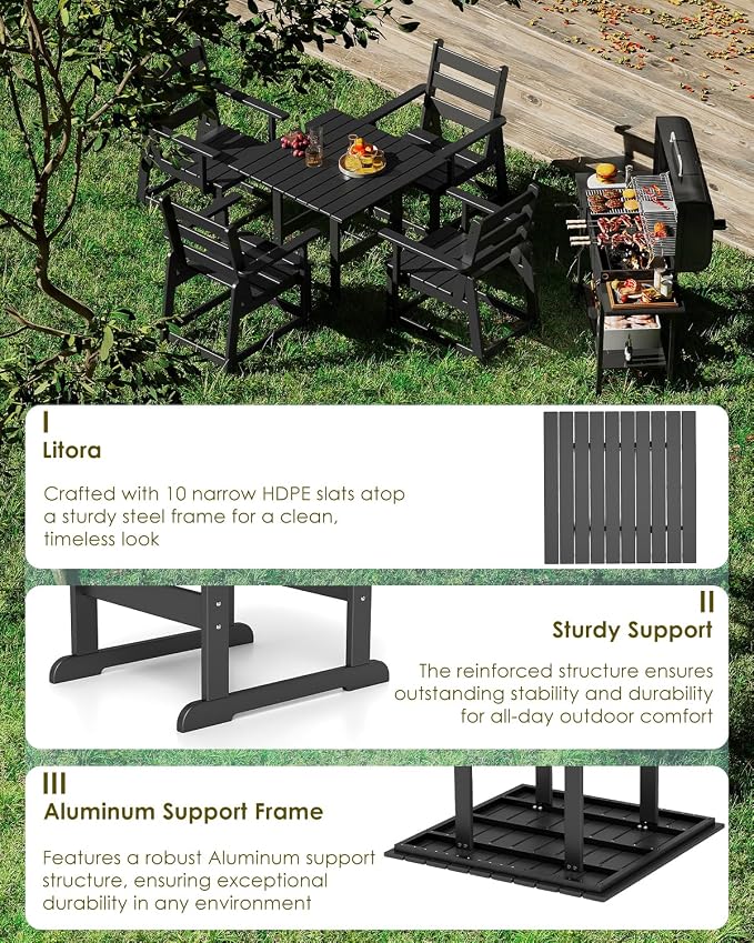 GREENVINES Outdoor-Dining-Table | 35” | HDPE | Patio Furniture | Connectable Square Tables for 4 | Slatted | All-Weather | for Poolside Backyard Garden | Black