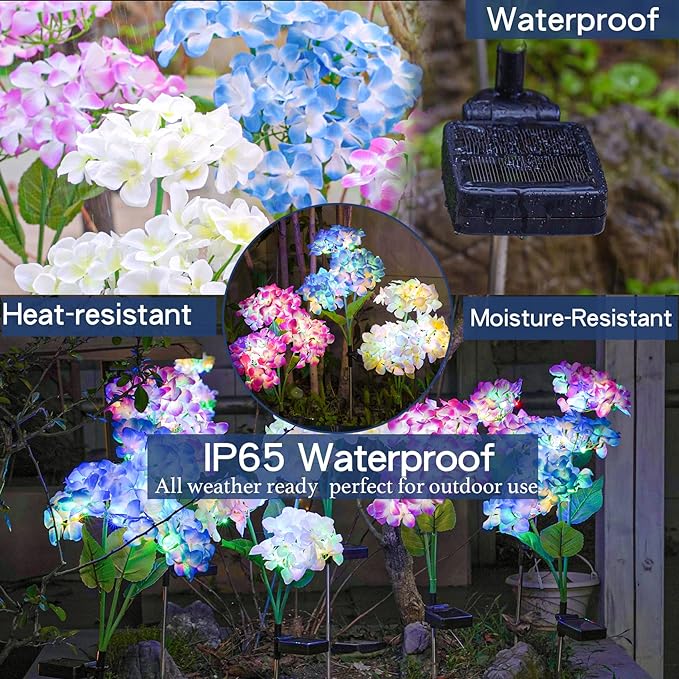 TONULAX Solar Garden Lights - 3 Pack Upgraded Version Outdoor Lights, Colorful Hydrangea Flower Light for Yard Decor, Garden Decoration, Two Lightning Modes & Enlarged Solar Panel