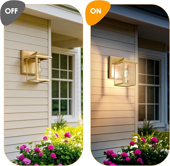 MATAMEYE Outdoor Wall Light Fixture, Exterior Waterproof Porch Lighting | Gold Patio Wall Lantern, Anti-Rust, Clear Glass, E26 Socket, Wall Mount Sconce Lighting, Outside Front Door Light Entryway