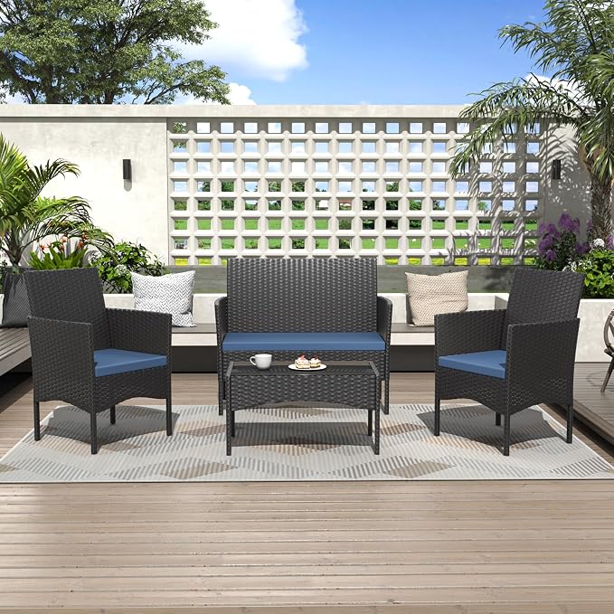 ALAULM 4 Pieces Patio Furnitrue Set Outdoor Patio Conversation Set Wicker Chairs w/Soft Cushions and Glass Coffee Table Outdoor Settees for Backyard, Porch, Poolside(Dark Blue)