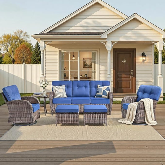 Patio Furniture Set, 6PCS Outdoor Wicker Conversation Set with Side Table, High Back Rattan Sofa & Swivel Rocker Chairs, Weather Resistant Olefin Fabric for Garden, Poolside Brown/Blue