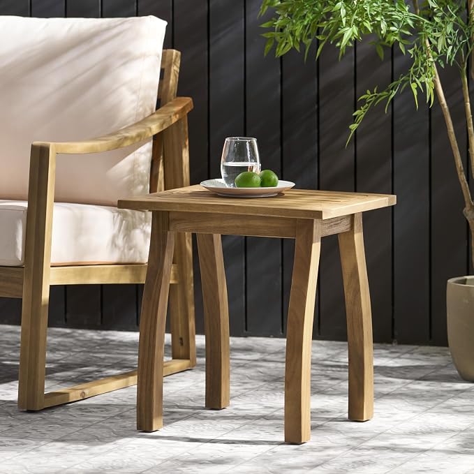 Christopher Knight Home Selma Acacia Wood Outdoor Side Table, Decorative Rectangular Small Accent Table, Weather Resistant Patio End Table for Balcony Beach Pool Side, Slatted Design, Natural Stained