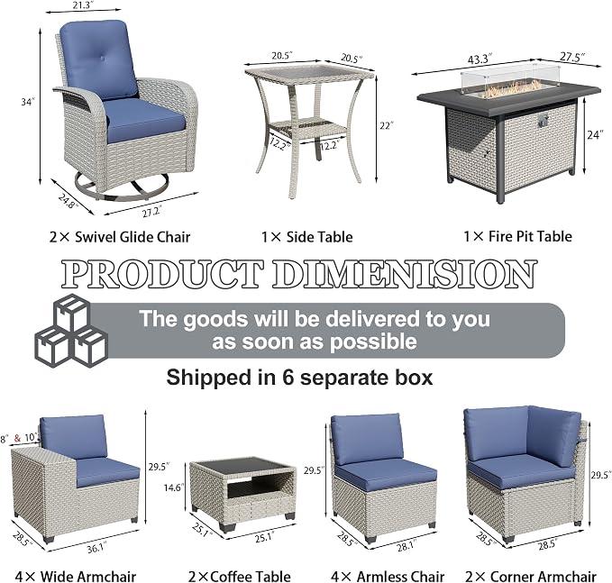 16-Piece Outdoor Patio Furniture Set, Modular Sectional Sofa Set with Swivel Rocker Chairs & Fire Pit, Wicker Outdoor Couch Conversation Sets w/Coffee Table and Cushions, Blue
