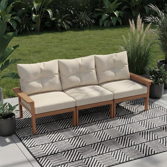 HDPE 3 Piece Patio Furniture Set, All-Weather Outdoor Couch Set with Thick Cushions, Patio Conversation Sets for Lawn, Garden, Porch, Deck, Balcony, Poolside, Teak Frame Beige Cushion