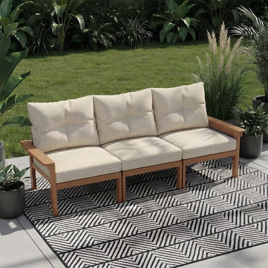 HDPE 3 Piece Patio Furniture Set, All-Weather Outdoor Couch Set with Thick Cushions, Patio Conversation Sets for Lawn, Garden, Porch, Deck, Balcony, Poolside, Teak Frame Beige Cushion