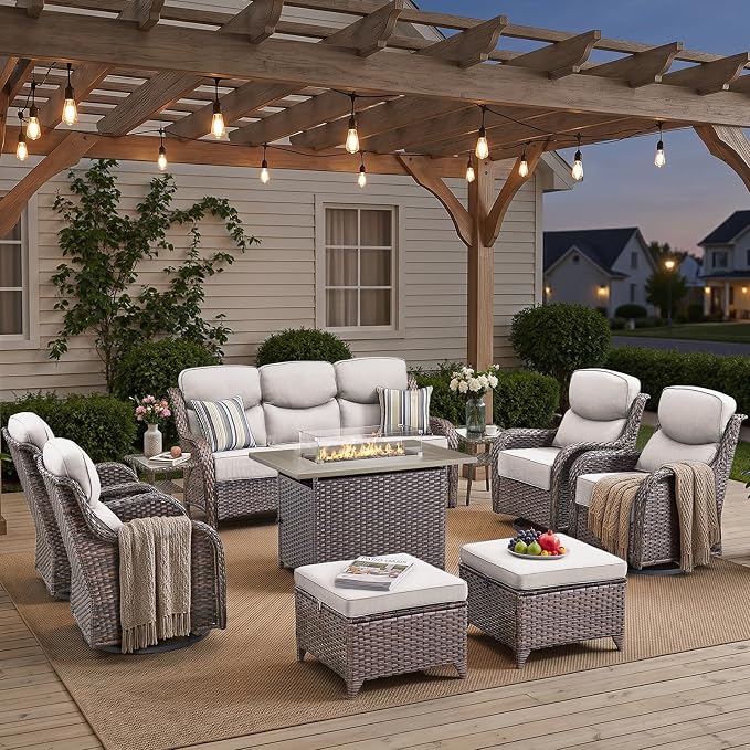 Luxury Patio Furniture Set with 42.5" Fire Pit Table, 10 Pieces High Back All Weather Wicker Outdoor Furniture w/ 6-Inch Thick Cushions, Patio Swivel Chairs Couch for Deck Balcony Backyard Brown/Beige