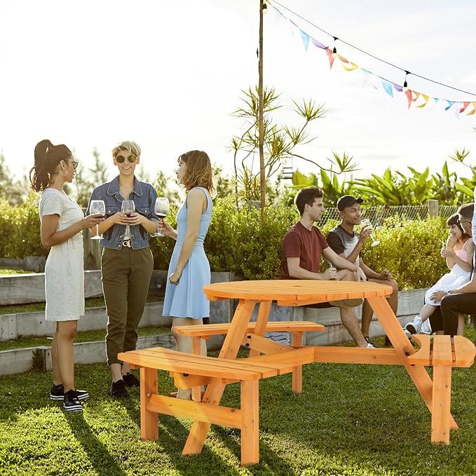 JOYBASE 6-Person Wooden Picnic Table, Outdoor Round Table with Built-in Benches and Umbrella Hole, Picnic Table Bench Set for Patio, Backyard, Garden (Wood Color)