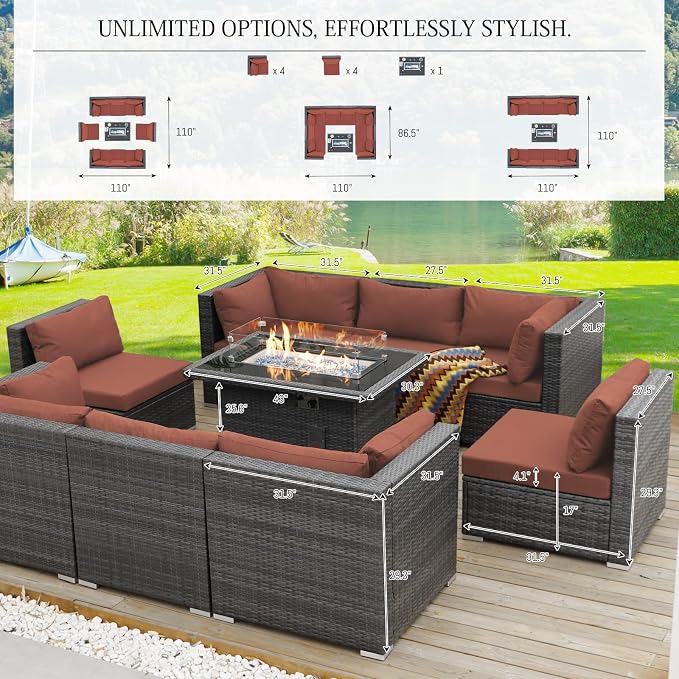 BULEXYARD 9 Piece High Back Outdoor Sectional Seating with Fire Pit Table, Heavy Duty Sturdy Wicker Patio Set Conversation Couch Sofa, Extra Wide Deep Large 8-Person Deck Furniture Set, Grey & Red