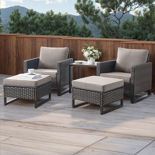 HUMMUH 5 Piece Patio Furniture Outdoor Bistro Set All-Weather Wicker Outdoor Chairs with Ottomans End Table for Patio,Porch,Garden,Backyard