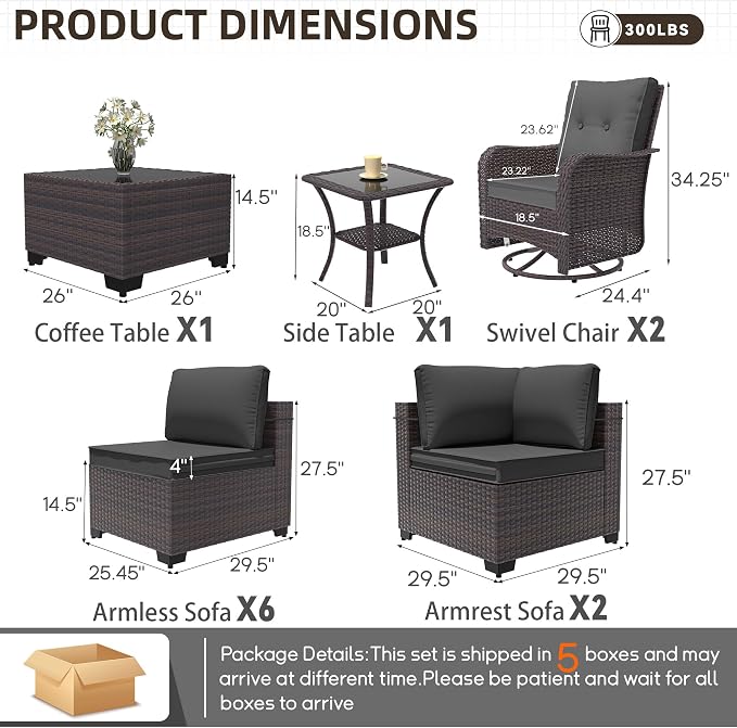 Patio Furniture Set 12 Pieces Outdoor Sectional Sofa Set,All Weather Wicker Patio Swivel Rocking Chairs Sofa PE Rattan Patio Conversation Set w/Cushions and Glass Coffee Table,Grey