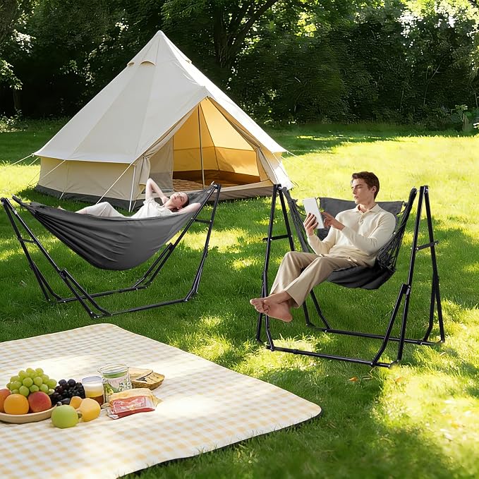 Hammock with Portable Steel Stand and Carrying Bag for Outside,Easy Set Up for Outdoor,Indoor,Backyard,Patio,Camping,Garden,Trip (Grey)