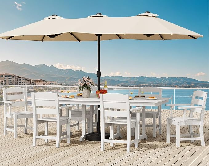 YITAHOME 8-Piece Patio Dining Set with 13ft Double-Sided Umbrella, Outdoor Rectangular Table and 6 Chairs, 71"x38" All-Weather HIPS Furniture Set for Garden, Deck, Lawn - White