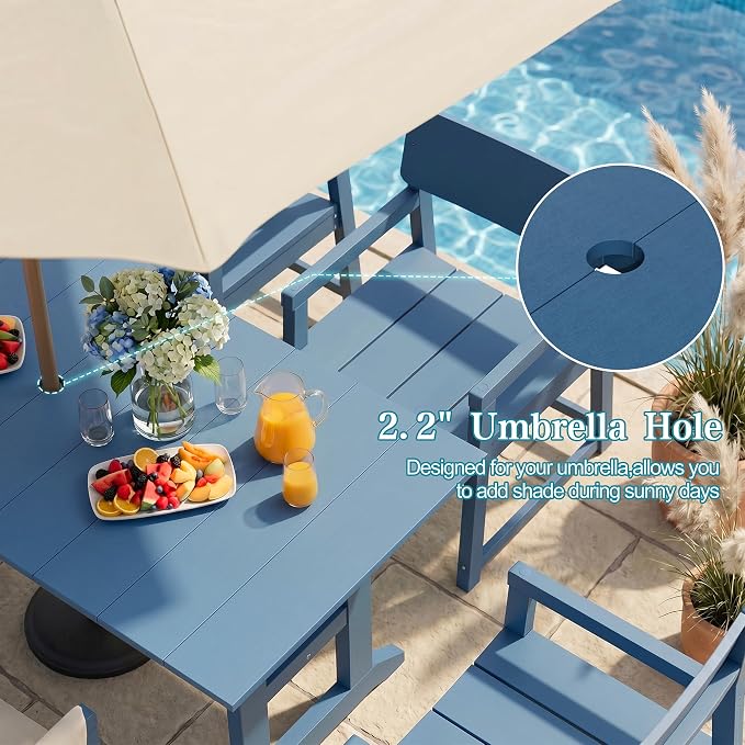 Vongrasig 7 Pieces Patio Dining Set, All Weather Outdoor HDPE Dining Furniture Set with Table and Chairs for 6, Patio Furniture Set with Umbrella Hole for Lawn, Backyard, Poolside, Blue