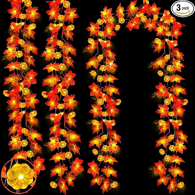 Timer&3 Pack Fall Decor Fall Garland with Pumpkin Lights 30Ft 60LED | Patented Realistic Maple Leaves Pumpkin Garland Battery Operated Fall Halloween Thanksgiving Decorations for Home Outdoor