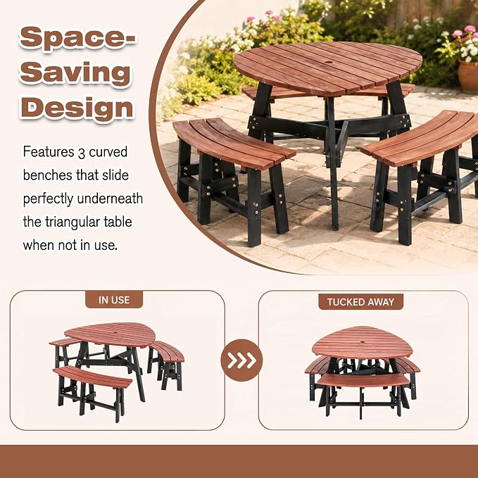 6 Person Wooden Picnic Table, Outdoor Picnic Tables with 3 Built-in 500 LBS Benches, Circular Camping Dining Table and Chairs Set with Umbrella Hole for Garden, Patio, Backyard