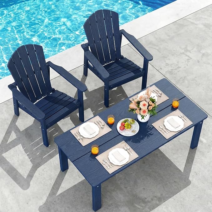 nevilywood 3-Piece HDPE Adirondack Chair Set, 2 Stackable Chairs Coffee Table, All-Weather Wood Grain, Patio Garden Backyard,Navy Blue