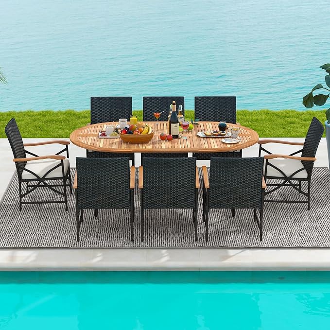 Tangkula 9 Pieces Patio Rattan Dining Set, Outdoor Oval Acacia Wood Dining Table and 8 Patio Wicker Armchairs Set with Umbrella Hole, Cushions, Metal Frame, Outdoor Dining Furniture Set for Garden
