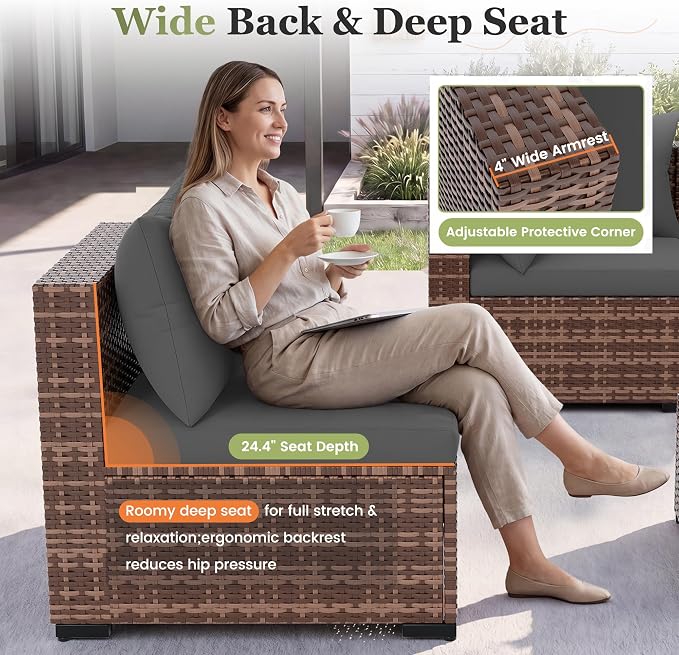 Amopatio 8 Pieces Patio Furniture Set with Fire Pit Table, Outdoor Sectional Conversation Sofa, All-Weather Wicker for Garden, Backyard, Porch, Balcony(Dark Grey)