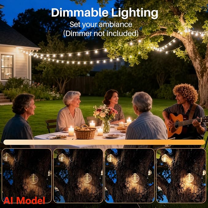25 FT 2700K Outdoor String Lights,13 Plastic Edison Bulbs, E12 Base | G40 globe shatterproof bulbs, IP65 waterproof, dimmable LED, for backyard porch balcony party decor