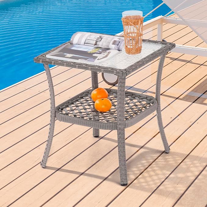 18'' Outdoor Side Table with Tempered Glass Top, Rattan Side Table with Storage, Square Wicker End Coffee Table for Patio Outside Balcony Porch Deck, Grey
