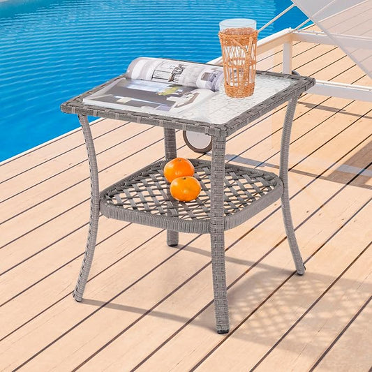 18'' Outdoor Side Table with Tempered Glass Top, Rattan Side Table with Storage, Square Wicker End Coffee Table for Patio Outside Balcony Porch Deck, Grey
