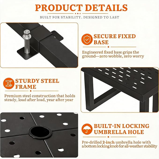 DWVO 38" Square Metal Picnic Table with Umbrella Hole - Heavy Duty Q235 Carbon Steel Outdoor Table Set for Patio, Backyard, and Lawn - Industrial Steel Construction