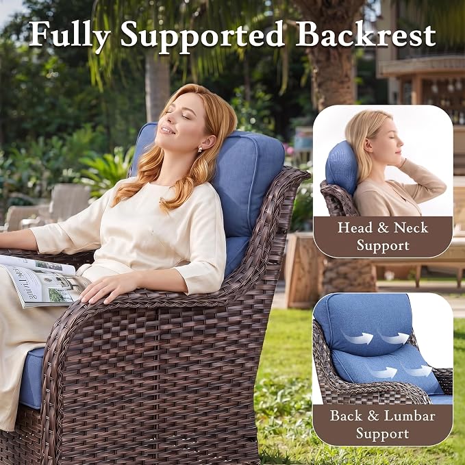Luxury High Back Outdoor Furniture with 6-inch Extra Thick Cushions, Patio Furniture Set with Fire Pit Table & Swivel Chairs, 4 PCS Wicker Conversation Set for Yard, Deck, Poolside, Brown/Blue