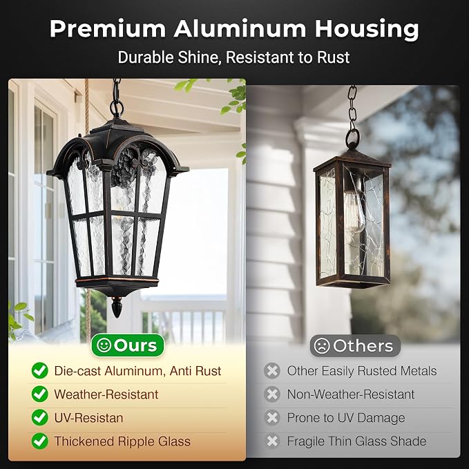VIANIS 18.7" Large Outdoor Pendant Light, Vintage ORB Outside Chandelier with Ripple Glass, Anti-Rust Pendant Lights for Porch, Doorway, Entryway, Adjustable Length Hanging Lighting, Hardwired